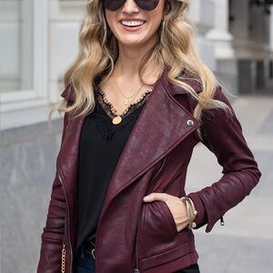 Grace & Lace Move Free Leather Like Moto Jacket in Bordeaux